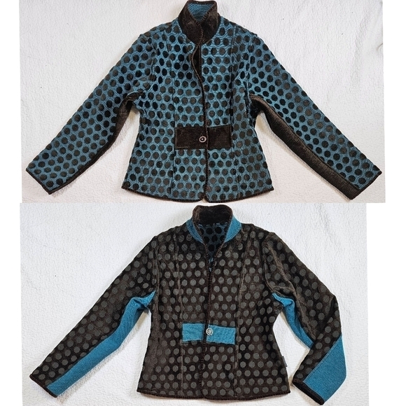 Khangura Jackets & Blazers - Khangura Reversible Tapestry Brown and Blue Polka Dot Blazer Jacket